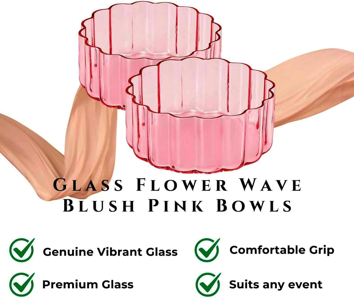 Khen Glass Flower Wave Colored Bowls | Set of 2 | Vintage Blush Pink