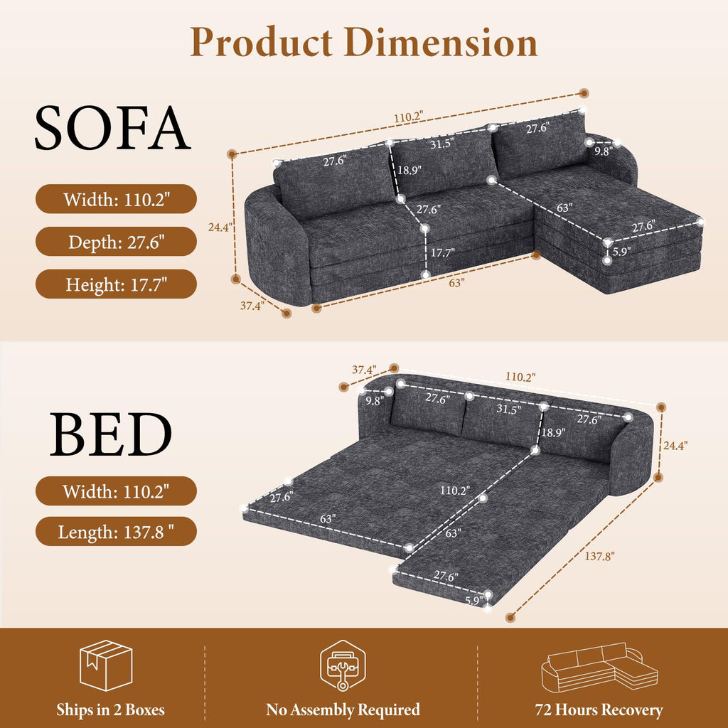 Vesgantti 6 in 1 Convertible Folding Sleeper Sofa Bed, No Assembly, Green | 110.2" L Shaped Modular Sectional Sofa, Curved Armrest, Deep Seat Boneless Couches for Living Room, Chenille, Right Facing