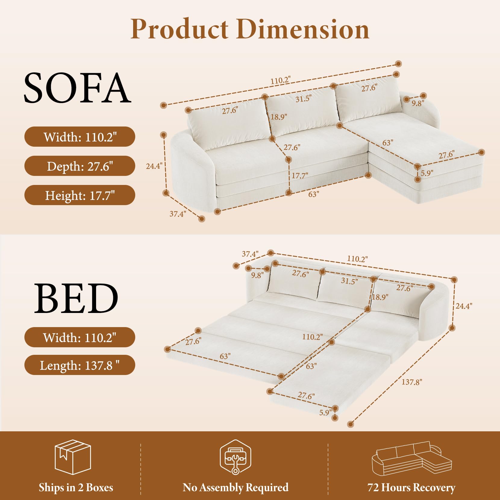 Vesgantti 6 in 1 Convertible Folding Sleeper Sofa Bed, No Assembly, Green | 110.2" L Shaped Modular Sectional Sofa, Curved Armrest, Deep Seat Boneless Couches for Living Room, Chenille, Right Facing