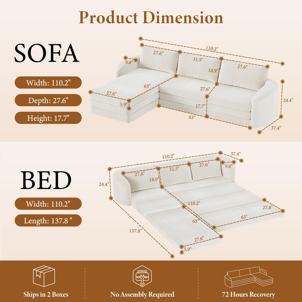 Vesgantti 6 in 1 Convertible Folding Sleeper Sofa Bed, No Assembly, Green | 110.2" L Shaped Modular Sectional Sofa, Curved Armrest, Deep Seat Boneless Couches for Living Room, Chenille, Right Facing