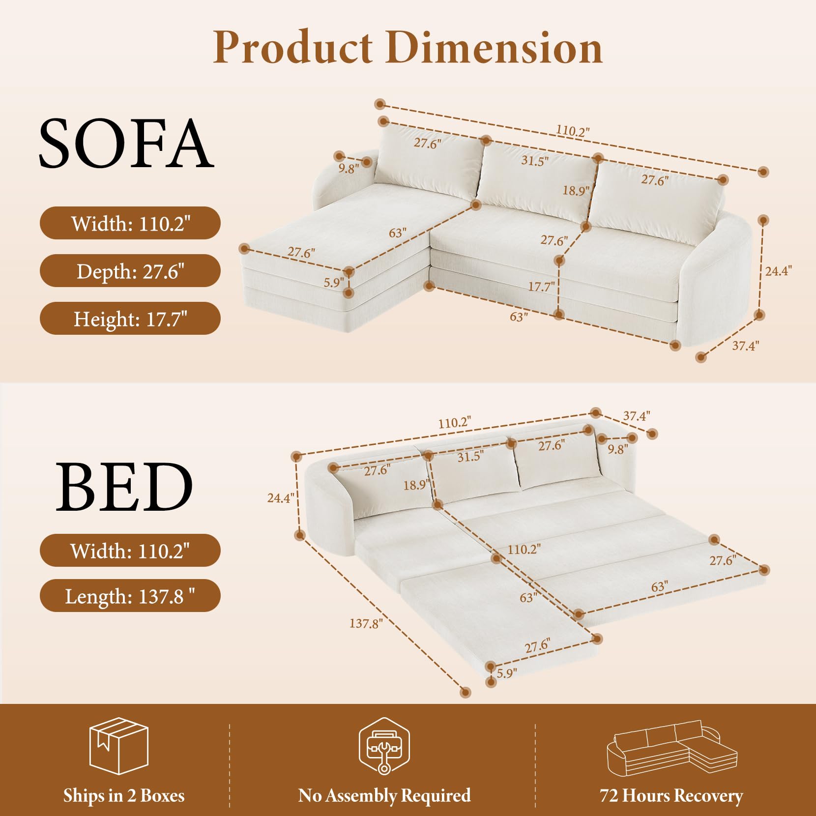 Vesgantti 6 in 1 Convertible Folding Sleeper Sofa Bed, No Assembly, Green | 110.2" L Shaped Modular Sectional Sofa, Curved Armrest, Deep Seat Boneless Couches for Living Room, Chenille, Right Facing