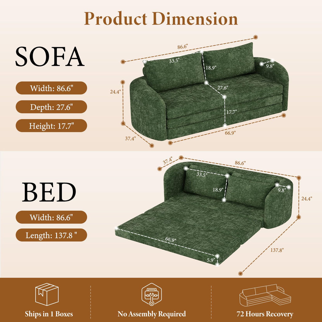 Vesgantti 6 in 1 Convertible Folding Sleeper Sofa Bed, No Assembly, Green | 110.2" L Shaped Modular Sectional Sofa, Curved Armrest, Deep Seat Boneless Couches for Living Room, Chenille, Right Facing