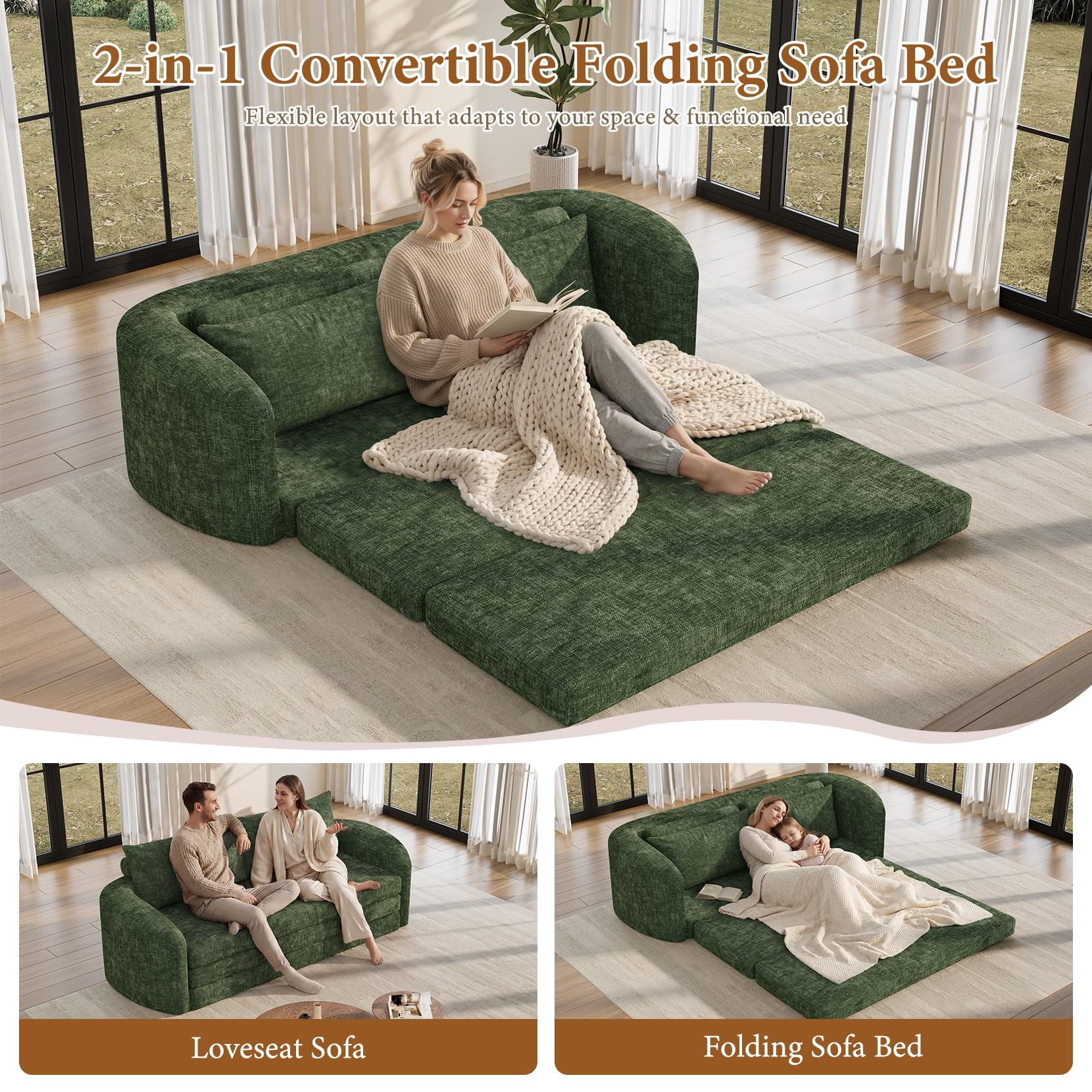 Vesgantti 6 in 1 Convertible Folding Sleeper Sofa Bed, No Assembly, Green | 110.2" L Shaped Modular Sectional Sofa, Curved Armrest, Deep Seat Boneless Couches for Living Room, Chenille, Right Facing