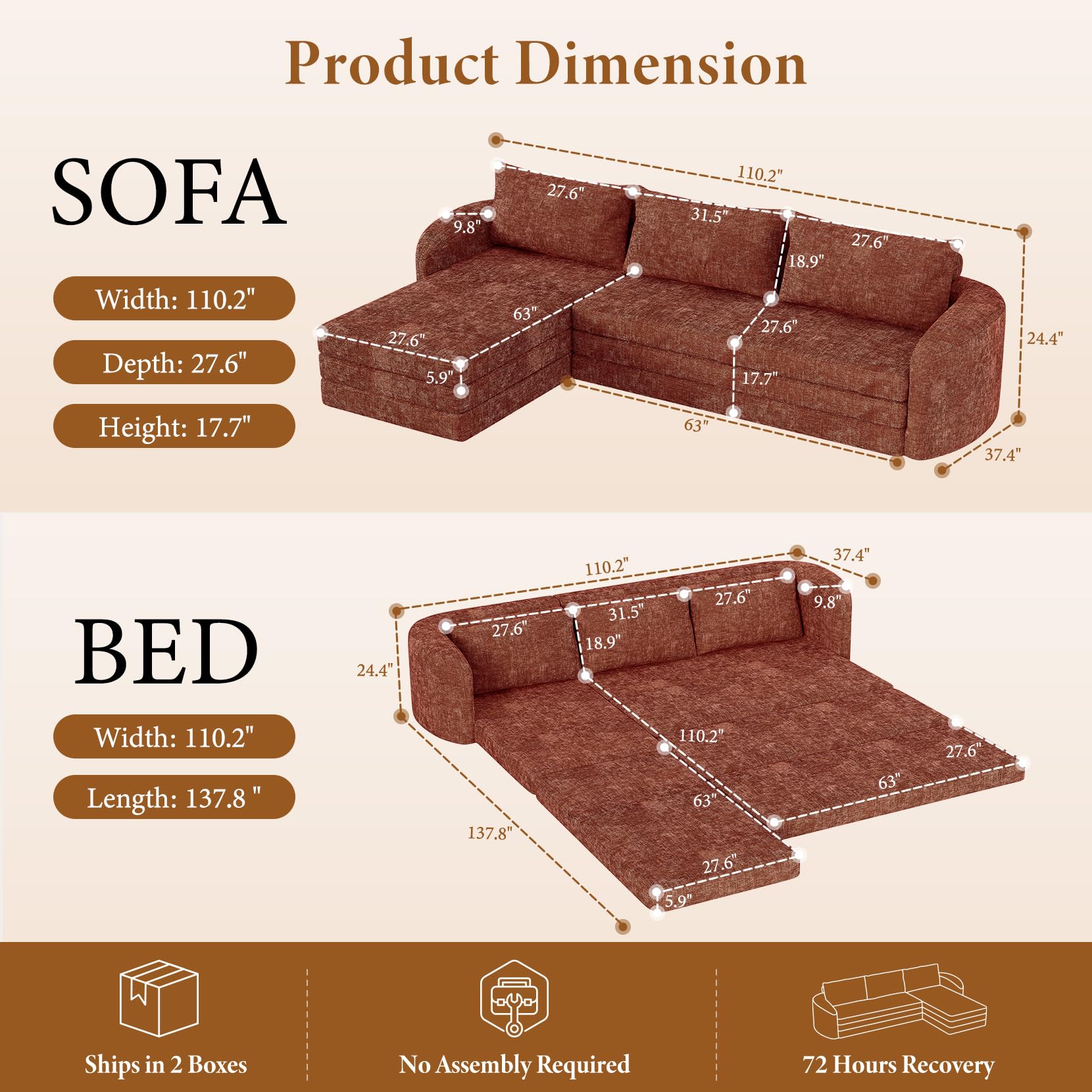 Vesgantti 6 in 1 Convertible Folding Sleeper Sofa Bed, No Assembly, Green | 110.2" L Shaped Modular Sectional Sofa, Curved Armrest, Deep Seat Boneless Couches for Living Room, Chenille, Right Facing