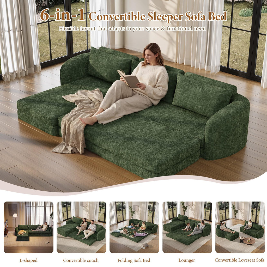 Vesgantti 6 in 1 Convertible Folding Sleeper Sofa Bed, No Assembly, Green | 110.2" L Shaped Modular Sectional Sofa, Curved Armrest, Deep Seat Boneless Couches for Living Room, Chenille, Right Facing