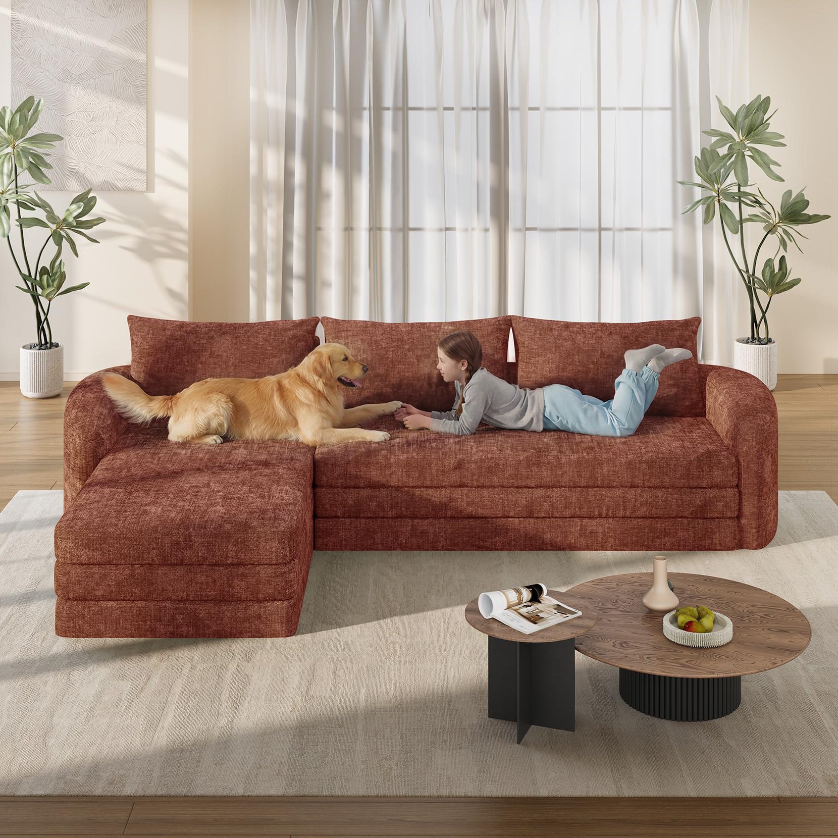 Vesgantti 6 in 1 Convertible Folding Sleeper Sofa Bed, No Assembly, Green | 110.2" L Shaped Modular Sectional Sofa, Curved Armrest, Deep Seat Boneless Couches for Living Room, Chenille, Right Facing