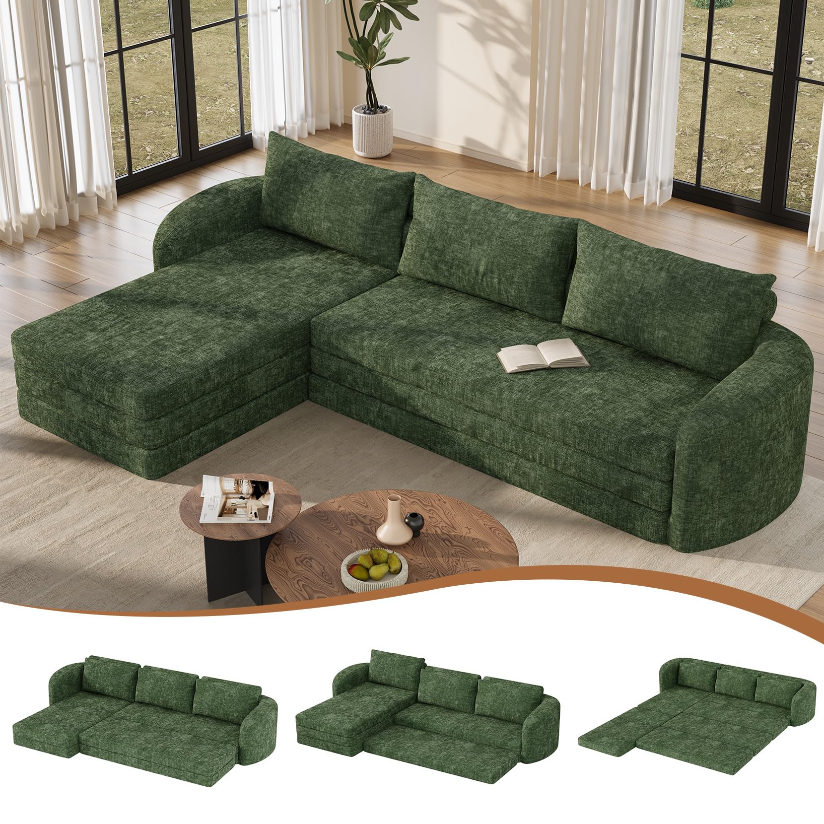 Vesgantti 6 in 1 Convertible Folding Sleeper Sofa Bed, No Assembly, Green | 110.2" L Shaped Modular Sectional Sofa, Curved Armrest, Deep Seat Boneless Couches for Living Room, Chenille, Right Facing