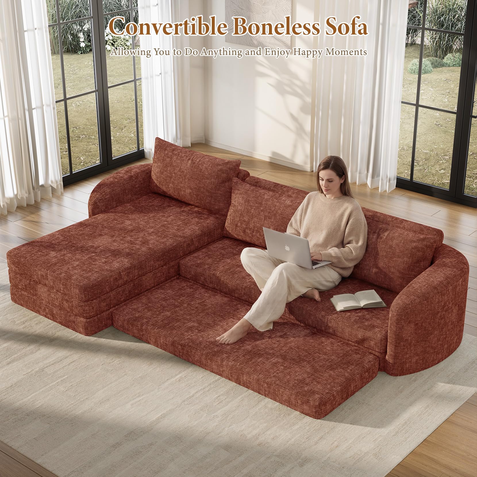 Vesgantti 6 in 1 Convertible Folding Sleeper Sofa Bed, No Assembly, Green | 110.2" L Shaped Modular Sectional Sofa, Curved Armrest, Deep Seat Boneless Couches for Living Room, Chenille, Right Facing