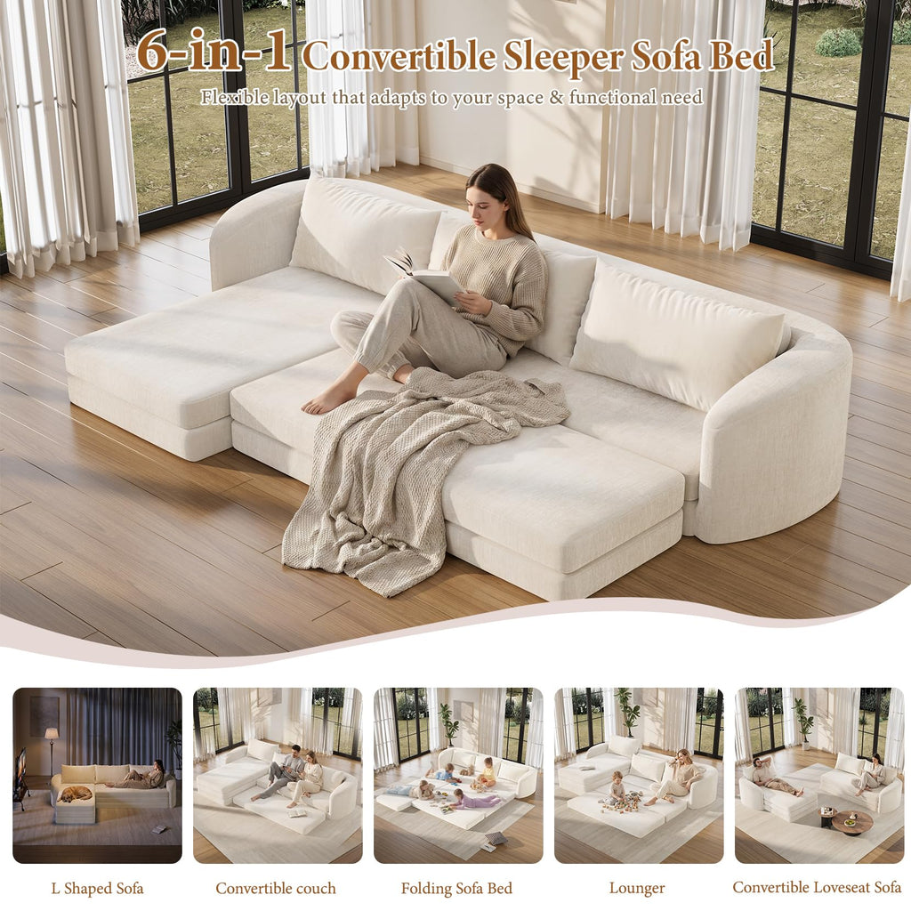 Vesgantti 6 in 1 Convertible Folding Sleeper Sofa Bed, No Assembly, Green | 110.2" L Shaped Modular Sectional Sofa, Curved Armrest, Deep Seat Boneless Couches for Living Room, Chenille, Right Facing