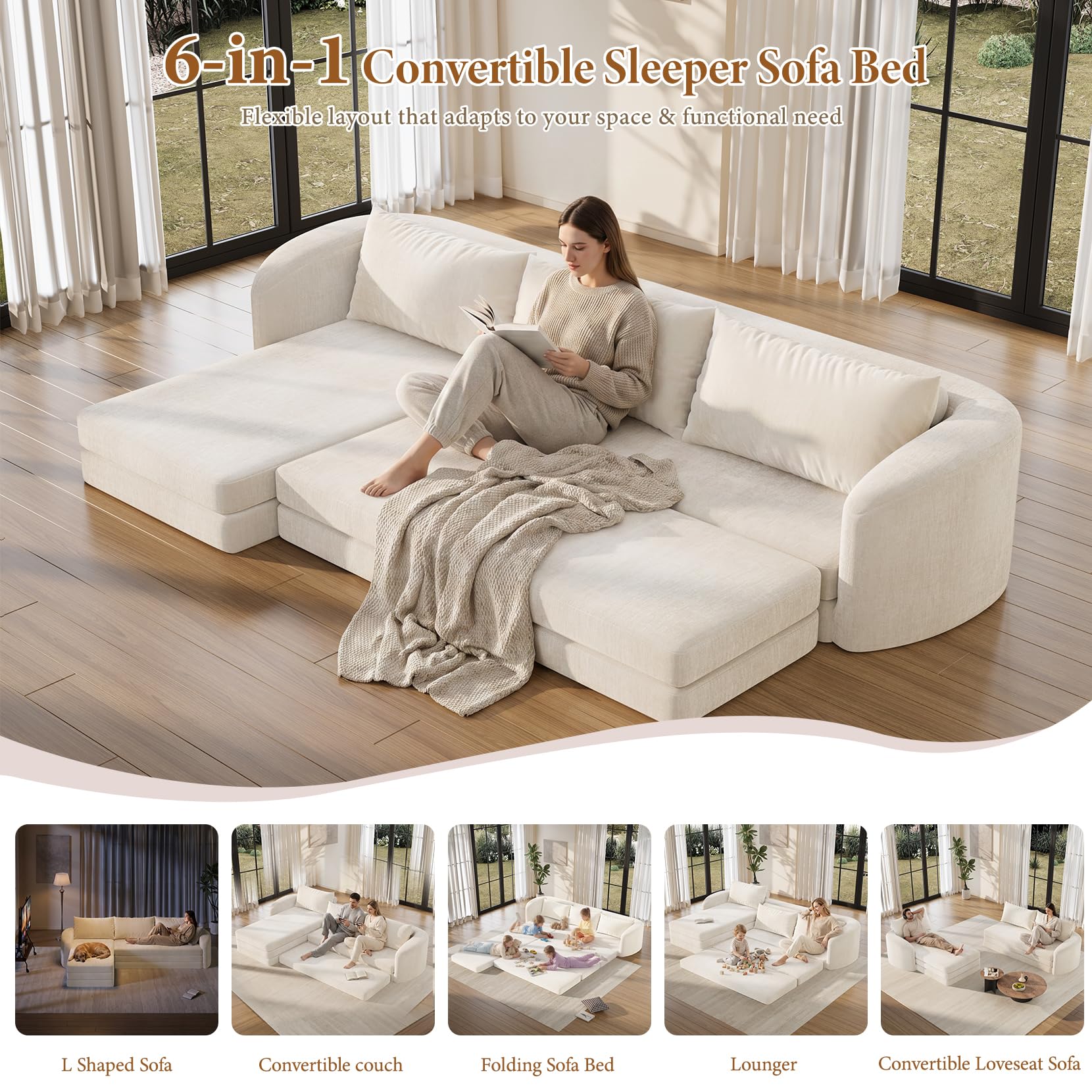 Vesgantti 6 in 1 Convertible Folding Sleeper Sofa Bed, No Assembly, Green | 110.2" L Shaped Modular Sectional Sofa, Curved Armrest, Deep Seat Boneless Couches for Living Room, Chenille, Right Facing