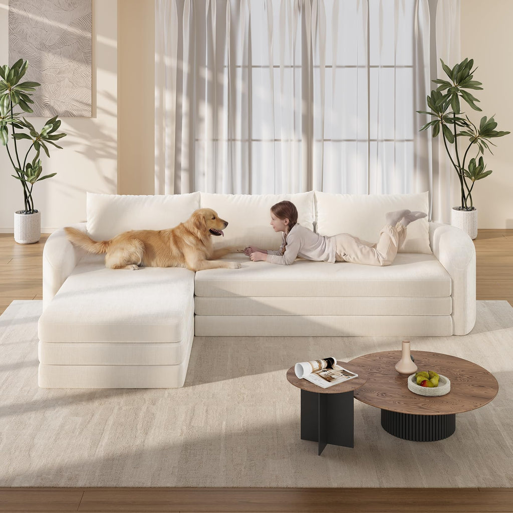 Vesgantti 6 in 1 Convertible Folding Sleeper Sofa Bed, No Assembly, Green | 110.2" L Shaped Modular Sectional Sofa, Curved Armrest, Deep Seat Boneless Couches for Living Room, Chenille, Right Facing