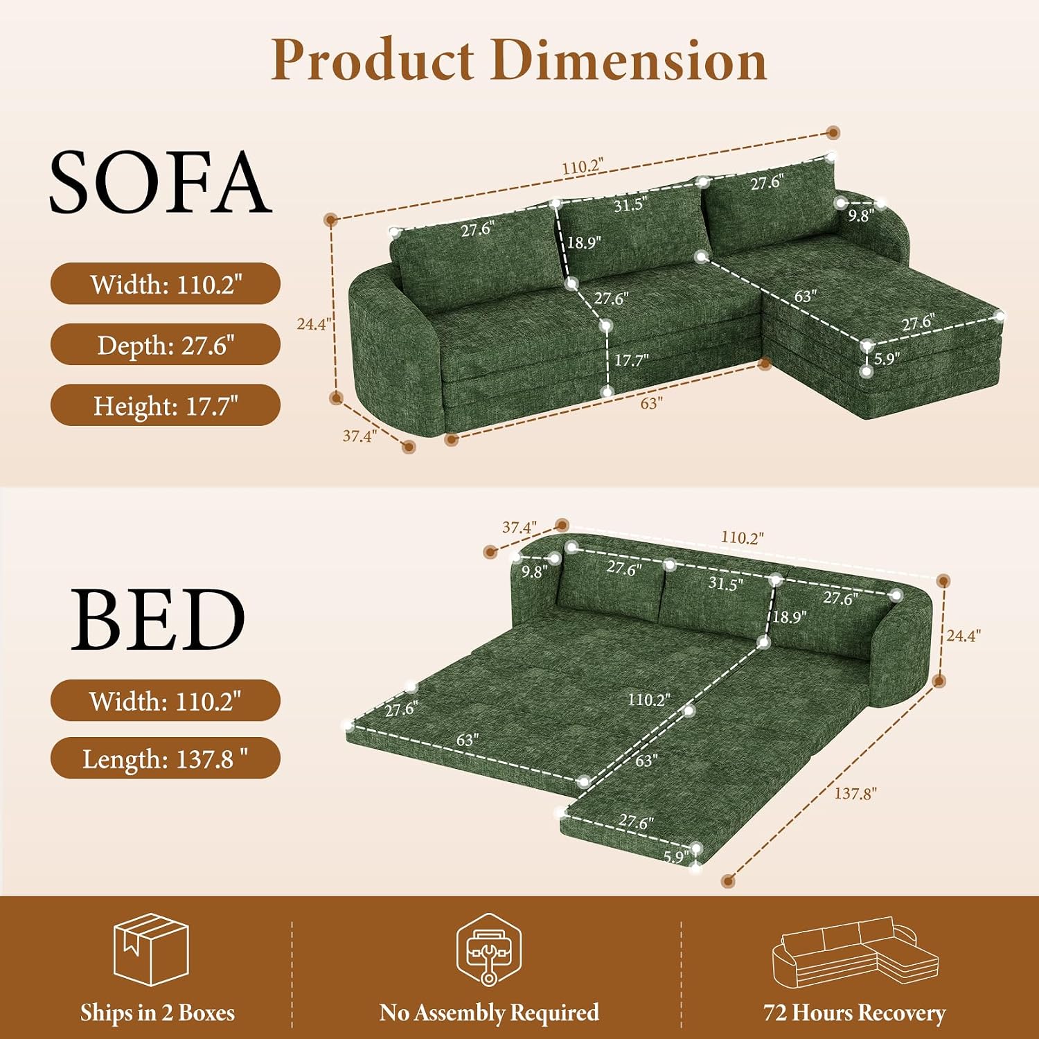 Vesgantti 6 in 1 Convertible Folding Sleeper Sofa Bed, No Assembly, Green | 110.2" L Shaped Modular Sectional Sofa, Curved Armrest, Deep Seat Boneless Couches for Living Room, Chenille, Right Facing