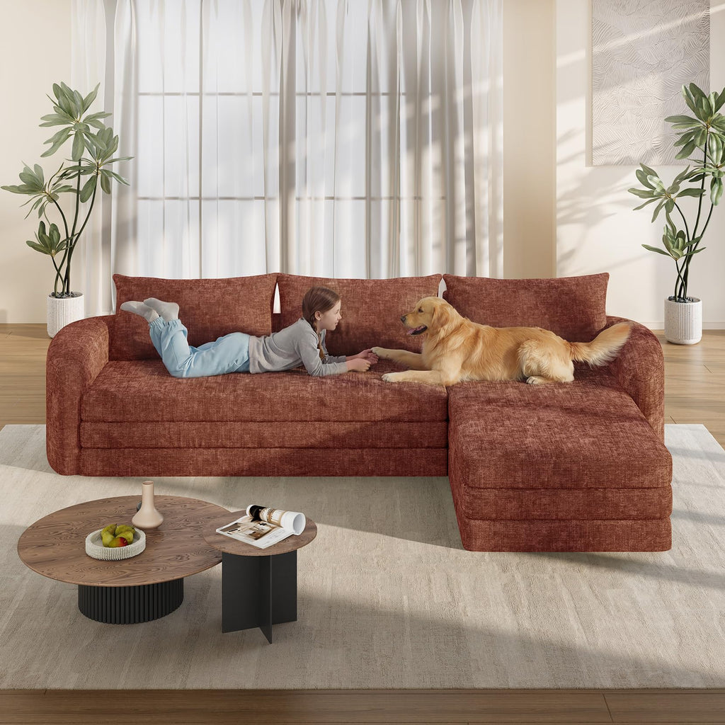 Vesgantti 6 in 1 Convertible Folding Sleeper Sofa Bed, No Assembly, Green | 110.2" L Shaped Modular Sectional Sofa, Curved Armrest, Deep Seat Boneless Couches for Living Room, Chenille, Right Facing