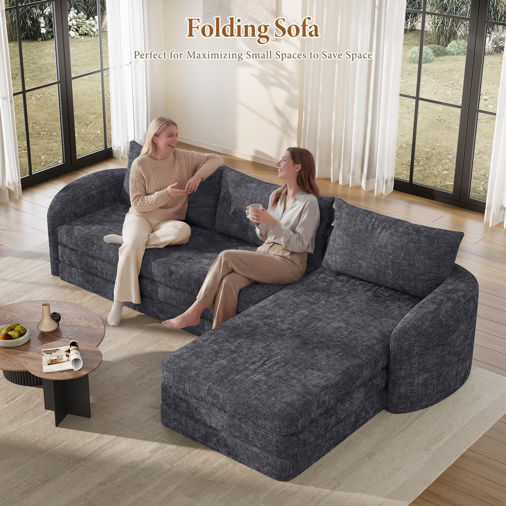Vesgantti 6 in 1 Convertible Folding Sleeper Sofa Bed, No Assembly, Green | 110.2" L Shaped Modular Sectional Sofa, Curved Armrest, Deep Seat Boneless Couches for Living Room, Chenille, Right Facing