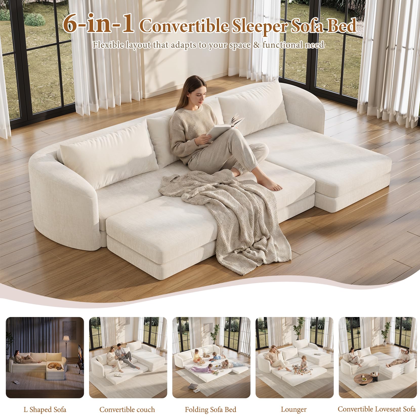 Vesgantti 6 in 1 Convertible Folding Sleeper Sofa Bed, No Assembly, Green | 110.2" L Shaped Modular Sectional Sofa, Curved Armrest, Deep Seat Boneless Couches for Living Room, Chenille, Right Facing