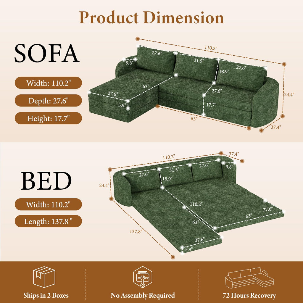 Vesgantti 6 in 1 Convertible Folding Sleeper Sofa Bed, No Assembly, Green | 110.2" L Shaped Modular Sectional Sofa, Curved Armrest, Deep Seat Boneless Couches for Living Room, Chenille, Right Facing