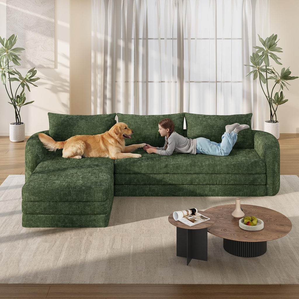 Vesgantti 6 in 1 Convertible Folding Sleeper Sofa Bed, No Assembly, Green | 110.2" L Shaped Modular Sectional Sofa, Curved Armrest, Deep Seat Boneless Couches for Living Room, Chenille, Right Facing
