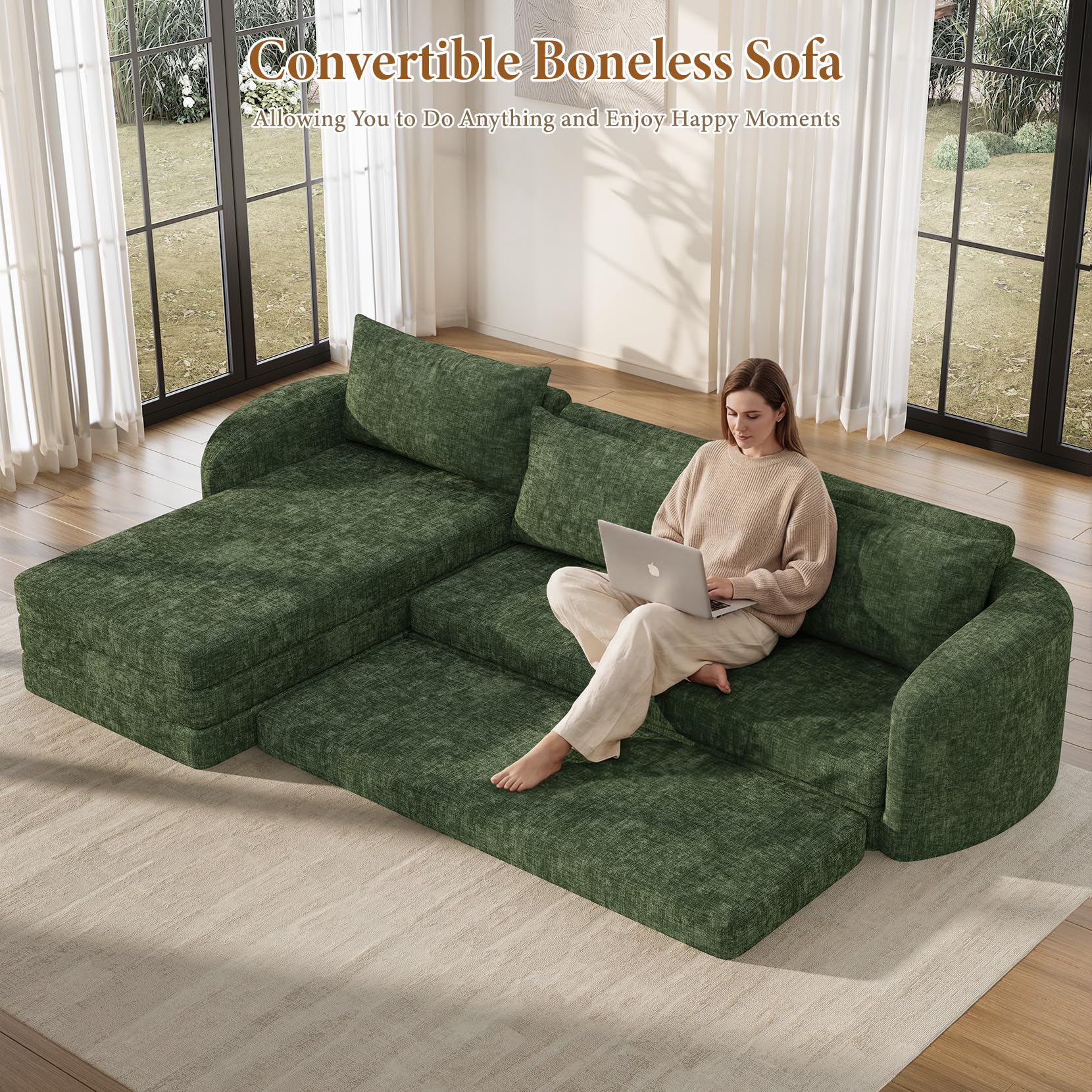 Vesgantti 6 in 1 Convertible Folding Sleeper Sofa Bed, No Assembly, Green | 110.2" L Shaped Modular Sectional Sofa, Curved Armrest, Deep Seat Boneless Couches for Living Room, Chenille, Right Facing