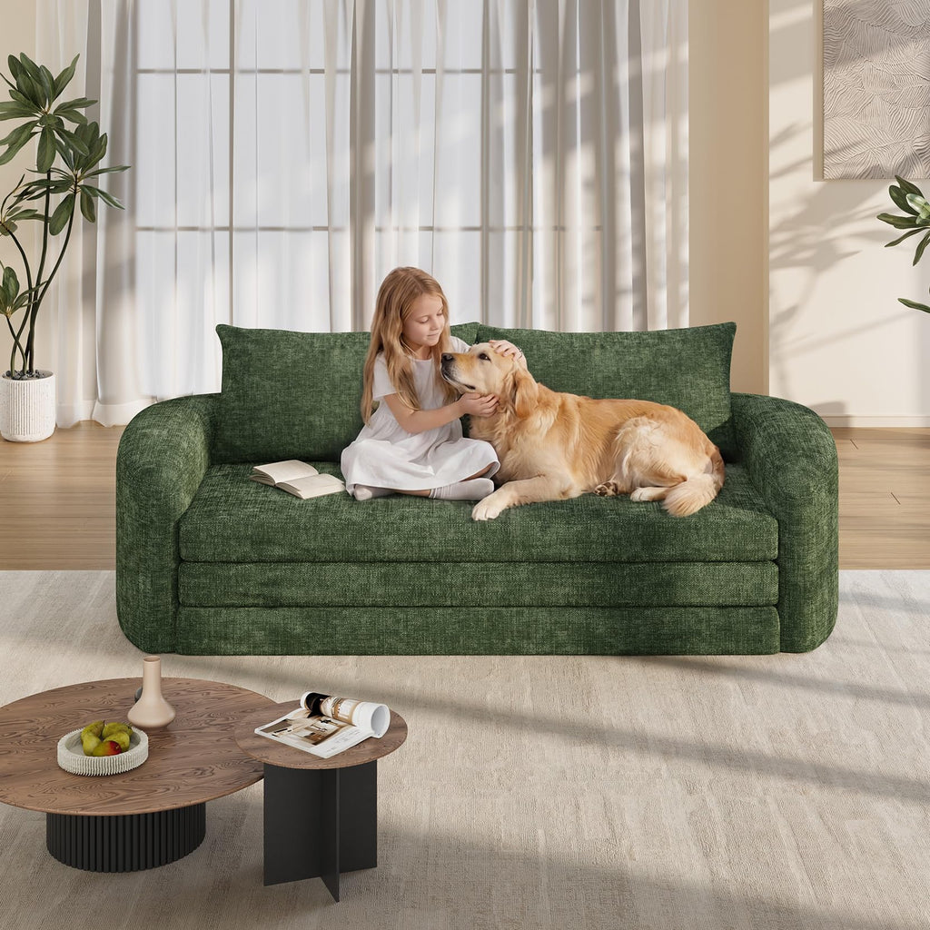 Vesgantti 6 in 1 Convertible Folding Sleeper Sofa Bed, No Assembly, Green | 110.2" L Shaped Modular Sectional Sofa, Curved Armrest, Deep Seat Boneless Couches for Living Room, Chenille, Right Facing