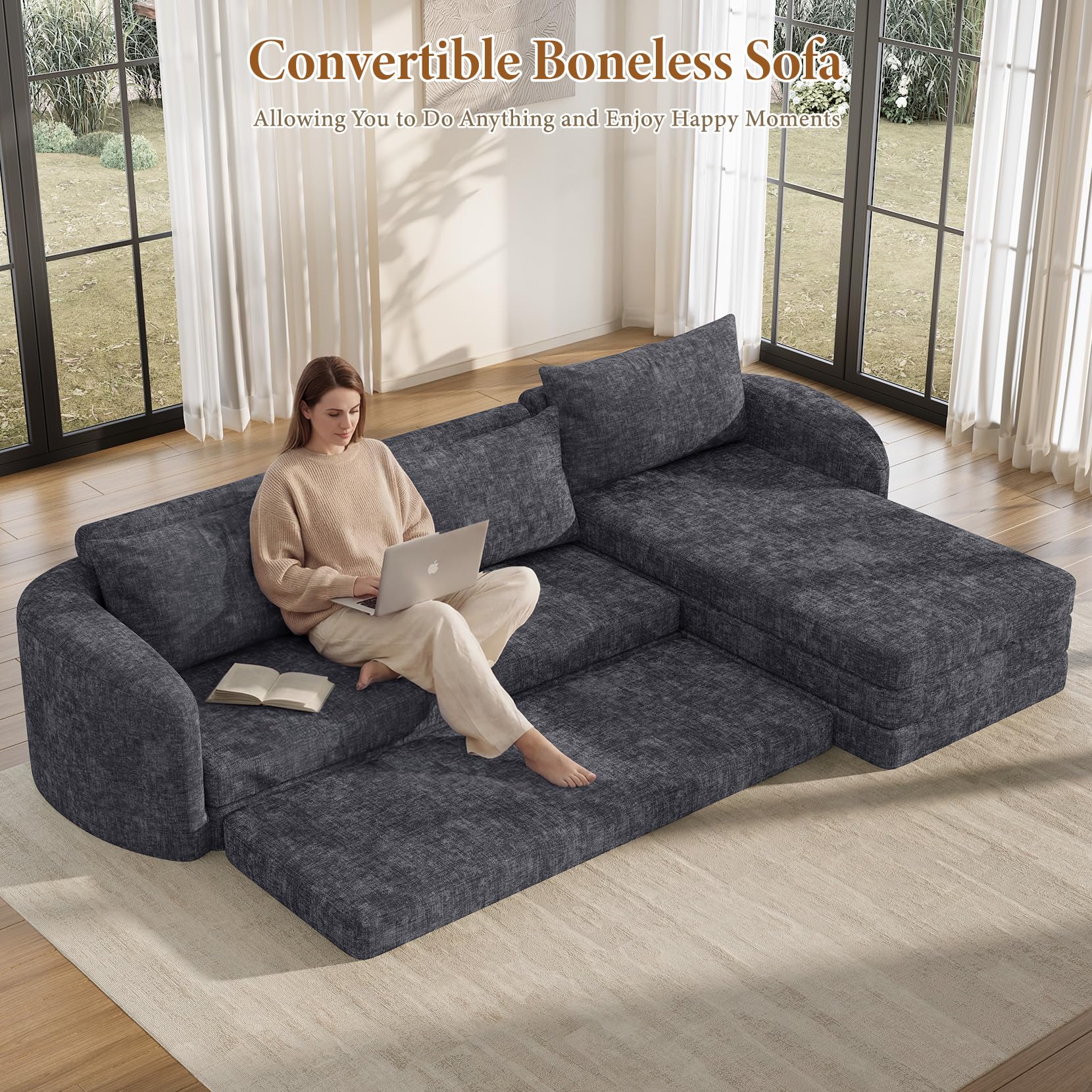 Vesgantti 6 in 1 Convertible Folding Sleeper Sofa Bed, No Assembly, Green | 110.2" L Shaped Modular Sectional Sofa, Curved Armrest, Deep Seat Boneless Couches for Living Room, Chenille, Right Facing