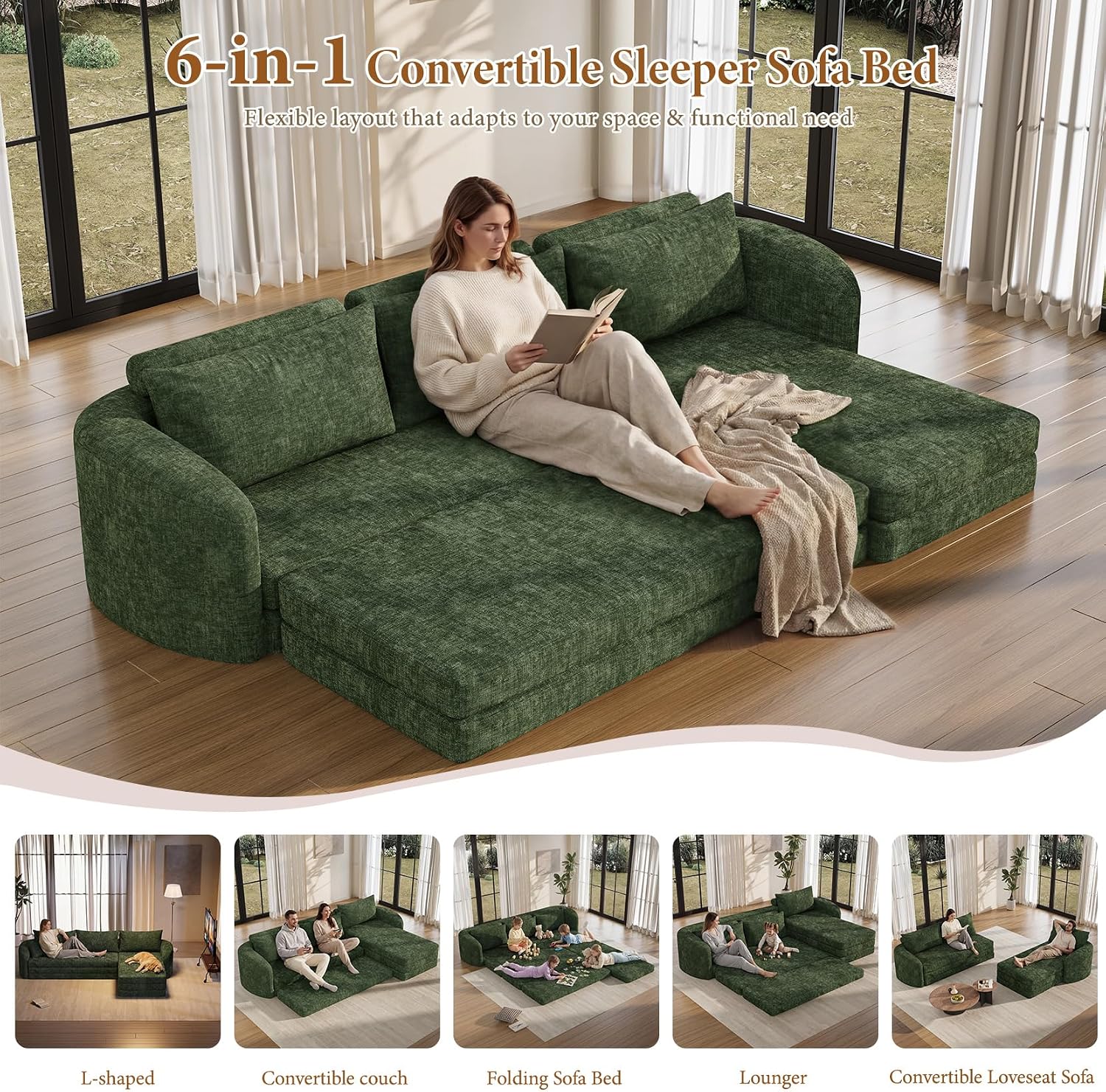 Vesgantti 6 in 1 Convertible Folding Sleeper Sofa Bed, No Assembly, Green | 110.2" L Shaped Modular Sectional Sofa, Curved Armrest, Deep Seat Boneless Couches for Living Room, Chenille, Right Facing