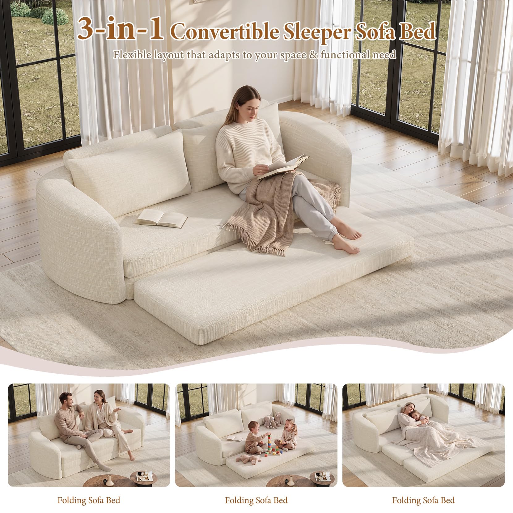 Vesgantti 6 in 1 Convertible Folding Sleeper Sofa Bed, No Assembly, Green | 110.2" L Shaped Modular Sectional Sofa, Curved Armrest, Deep Seat Boneless Couches for Living Room, Chenille, Right Facing