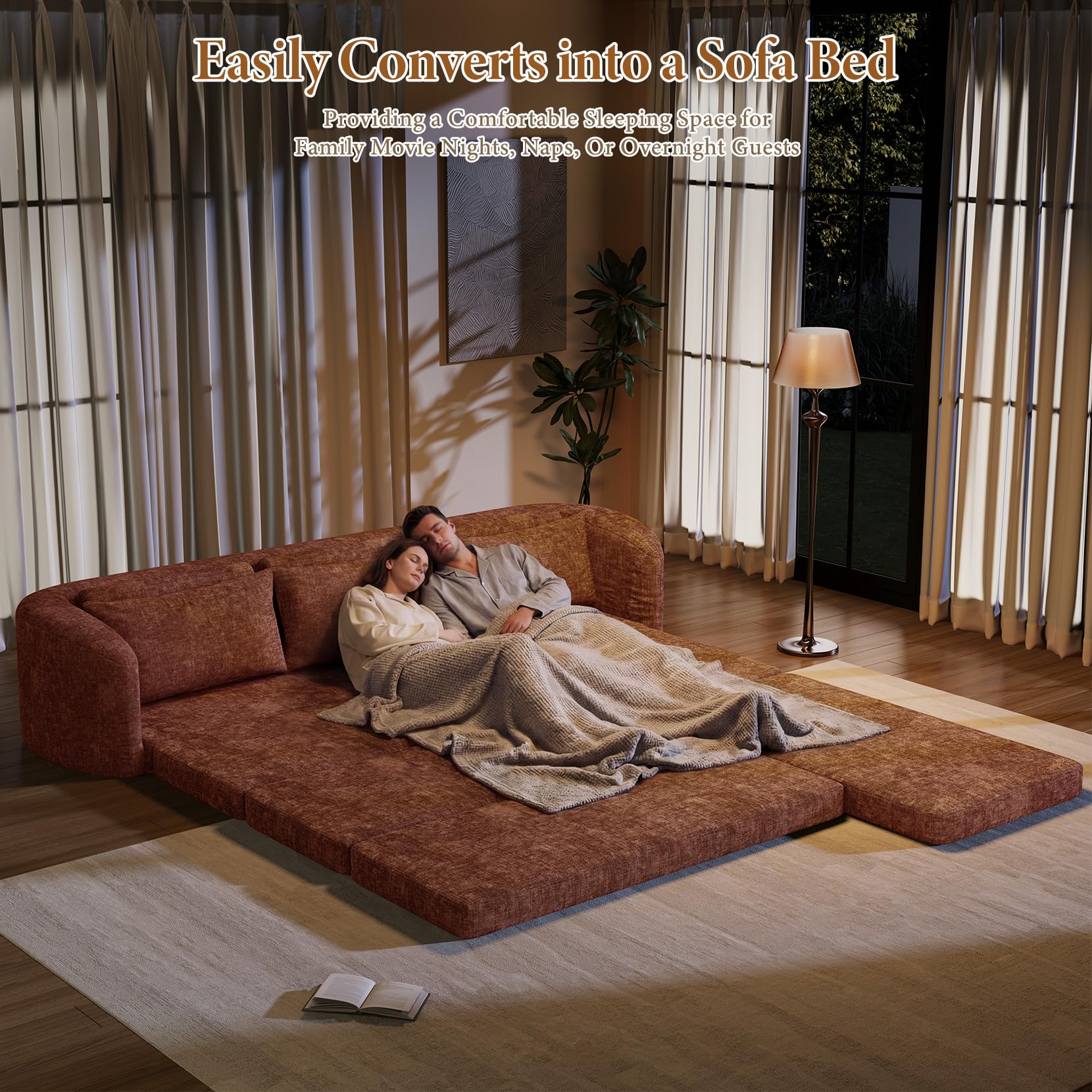 Vesgantti 6 in 1 Convertible Folding Sleeper Sofa Bed, No Assembly, Green | 110.2" L Shaped Modular Sectional Sofa, Curved Armrest, Deep Seat Boneless Couches for Living Room, Chenille, Right Facing