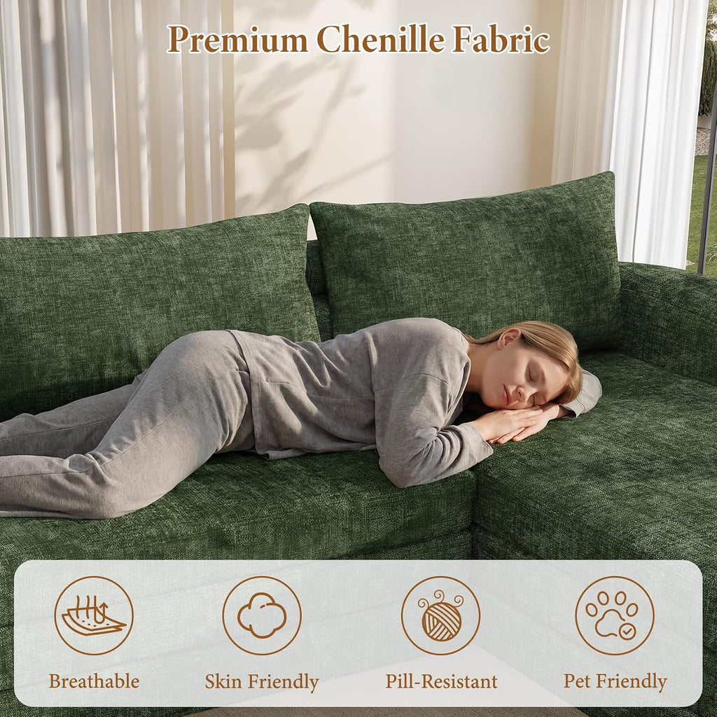 Vesgantti 6 in 1 Convertible Folding Sleeper Sofa Bed, No Assembly, Green | 110.2" L Shaped Modular Sectional Sofa, Curved Armrest, Deep Seat Boneless Couches for Living Room, Chenille, Right Facing