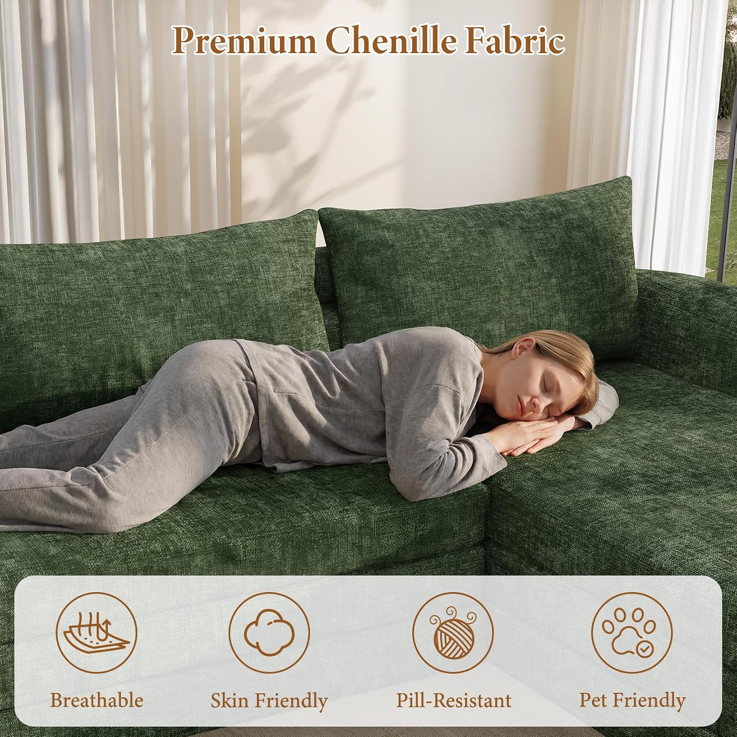 Vesgantti 6 in 1 Convertible Folding Sleeper Sofa Bed, No Assembly, Green | 110.2" L Shaped Modular Sectional Sofa, Curved Armrest, Deep Seat Boneless Couches for Living Room, Chenille, Right Facing