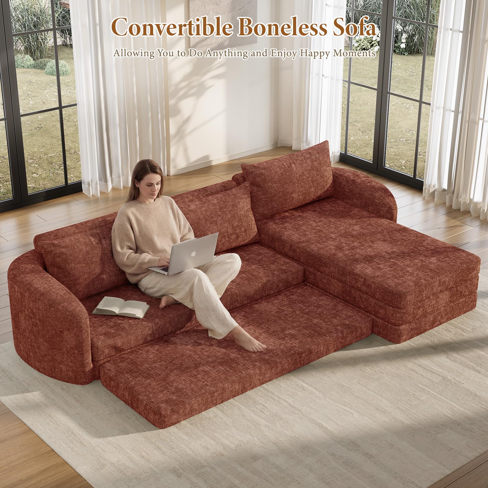 Vesgantti 6 in 1 Convertible Folding Sleeper Sofa Bed, No Assembly, Green | 110.2" L Shaped Modular Sectional Sofa, Curved Armrest, Deep Seat Boneless Couches for Living Room, Chenille, Right Facing