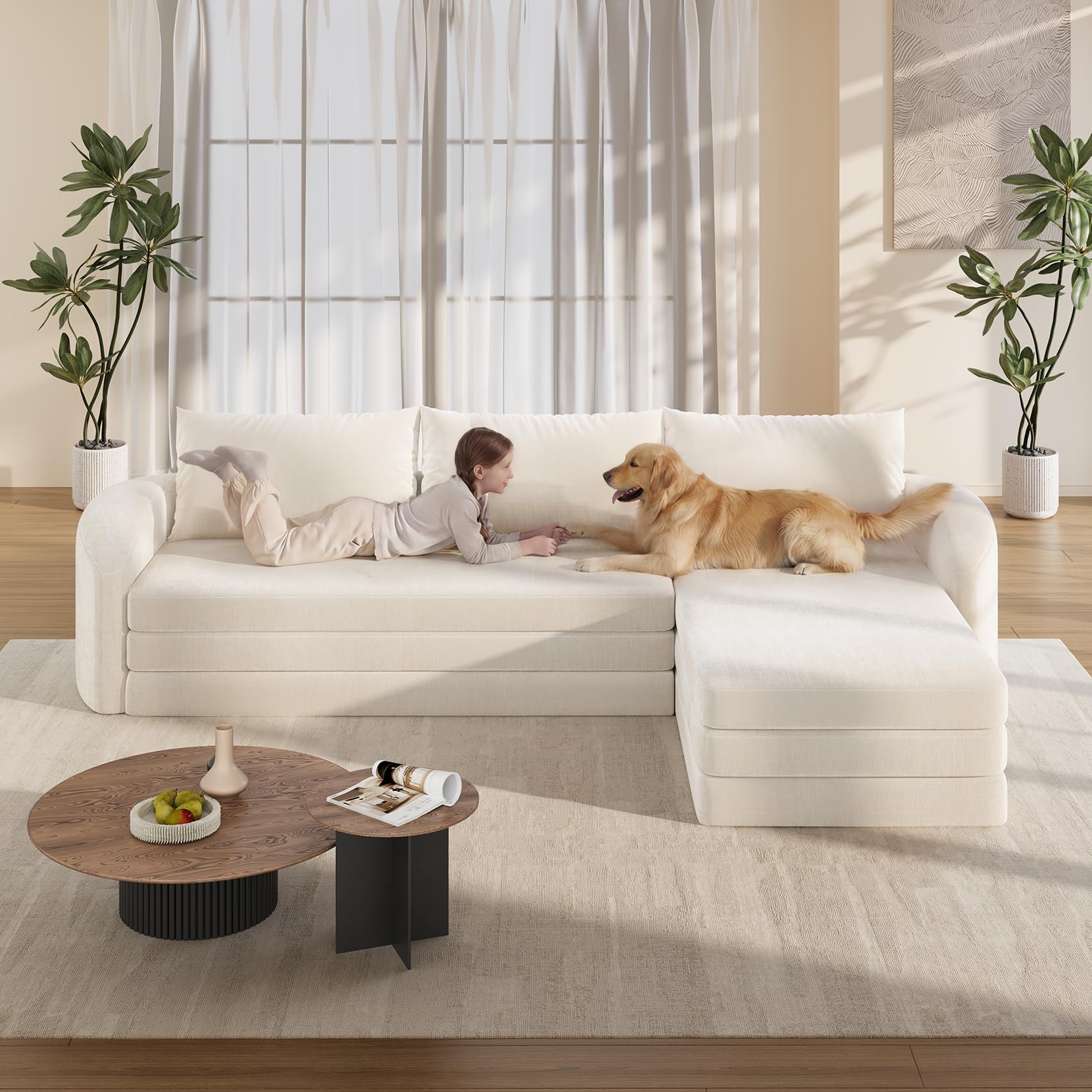 Vesgantti 6 in 1 Convertible Folding Sleeper Sofa Bed, No Assembly, Green | 110.2" L Shaped Modular Sectional Sofa, Curved Armrest, Deep Seat Boneless Couches for Living Room, Chenille, Right Facing