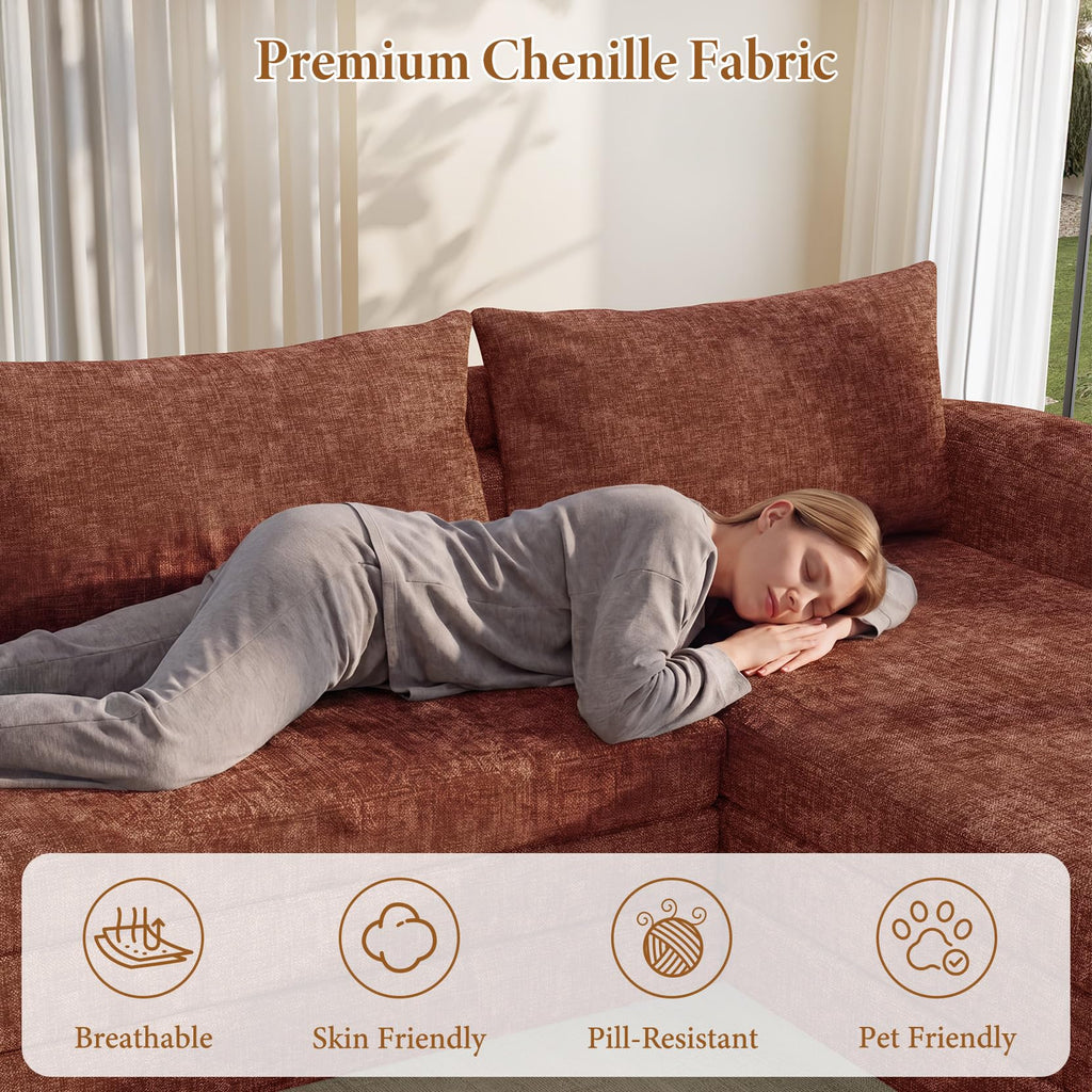 Vesgantti 6 in 1 Convertible Folding Sleeper Sofa Bed, No Assembly, Green | 110.2" L Shaped Modular Sectional Sofa, Curved Armrest, Deep Seat Boneless Couches for Living Room, Chenille, Right Facing