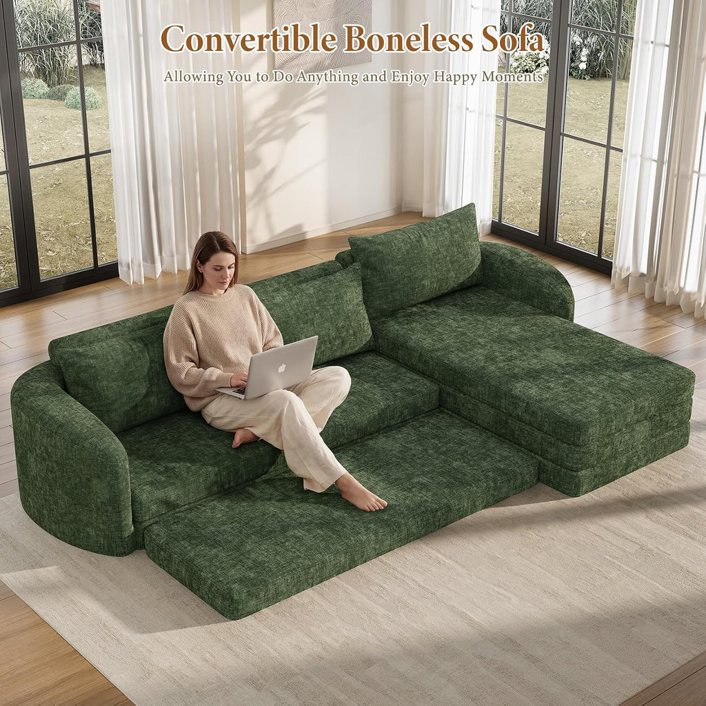 Vesgantti 6 in 1 Convertible Folding Sleeper Sofa Bed, No Assembly, Green | 110.2" L Shaped Modular Sectional Sofa, Curved Armrest, Deep Seat Boneless Couches for Living Room, Chenille, Right Facing