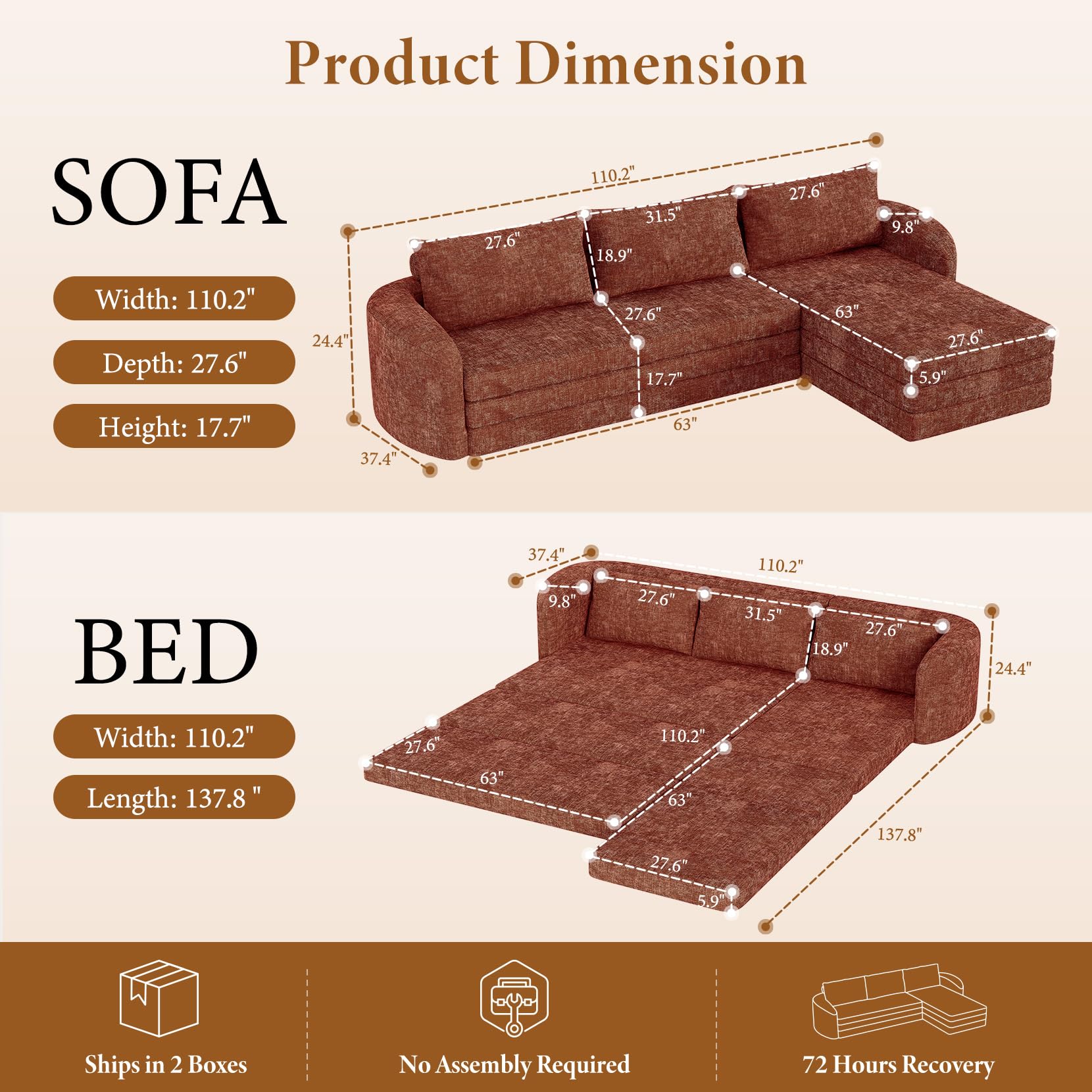 Vesgantti 6 in 1 Convertible Folding Sleeper Sofa Bed, No Assembly, Green | 110.2" L Shaped Modular Sectional Sofa, Curved Armrest, Deep Seat Boneless Couches for Living Room, Chenille, Right Facing