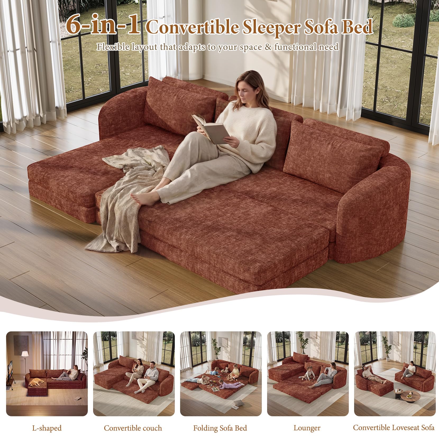 Vesgantti 6 in 1 Convertible Folding Sleeper Sofa Bed, No Assembly, Green | 110.2" L Shaped Modular Sectional Sofa, Curved Armrest, Deep Seat Boneless Couches for Living Room, Chenille, Right Facing