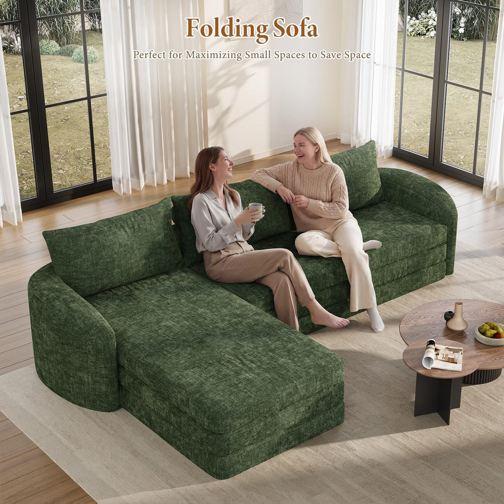 Vesgantti 6 in 1 Convertible Folding Sleeper Sofa Bed, No Assembly, Green | 110.2" L Shaped Modular Sectional Sofa, Curved Armrest, Deep Seat Boneless Couches for Living Room, Chenille, Right Facing