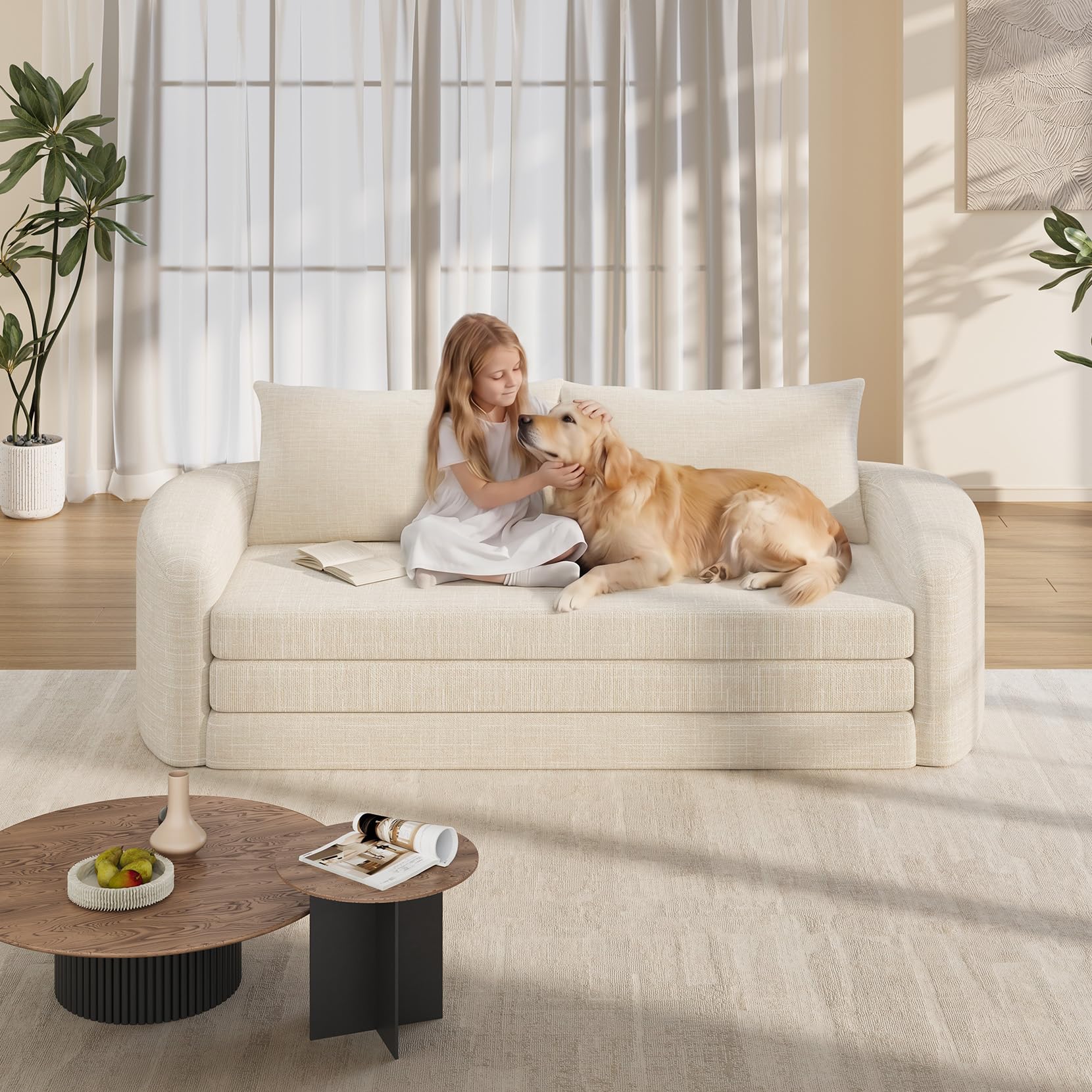 Vesgantti 6 in 1 Convertible Folding Sleeper Sofa Bed, No Assembly, Green | 110.2" L Shaped Modular Sectional Sofa, Curved Armrest, Deep Seat Boneless Couches for Living Room, Chenille, Right Facing