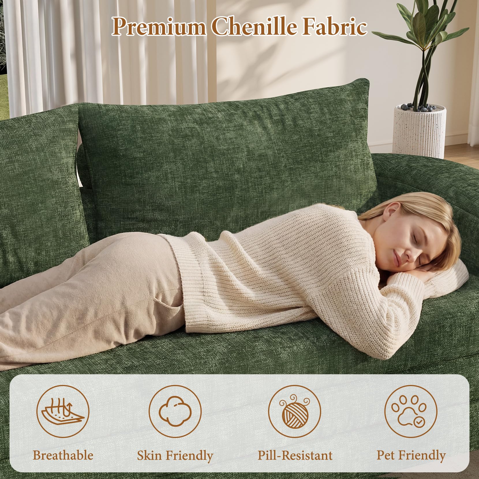 Vesgantti 6 in 1 Convertible Folding Sleeper Sofa Bed, No Assembly, Green | 110.2" L Shaped Modular Sectional Sofa, Curved Armrest, Deep Seat Boneless Couches for Living Room, Chenille, Right Facing