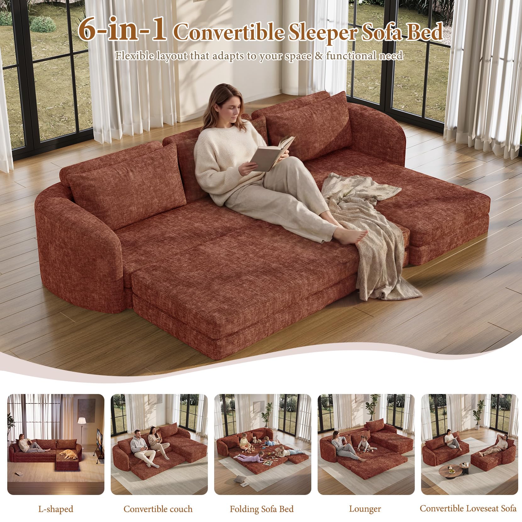 Vesgantti 6 in 1 Convertible Folding Sleeper Sofa Bed, No Assembly, Green | 110.2" L Shaped Modular Sectional Sofa, Curved Armrest, Deep Seat Boneless Couches for Living Room, Chenille, Right Facing