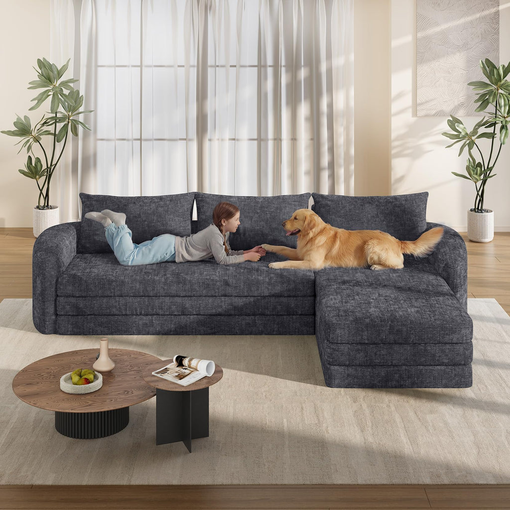 Vesgantti 6 in 1 Convertible Folding Sleeper Sofa Bed, No Assembly, Green | 110.2" L Shaped Modular Sectional Sofa, Curved Armrest, Deep Seat Boneless Couches for Living Room, Chenille, Right Facing