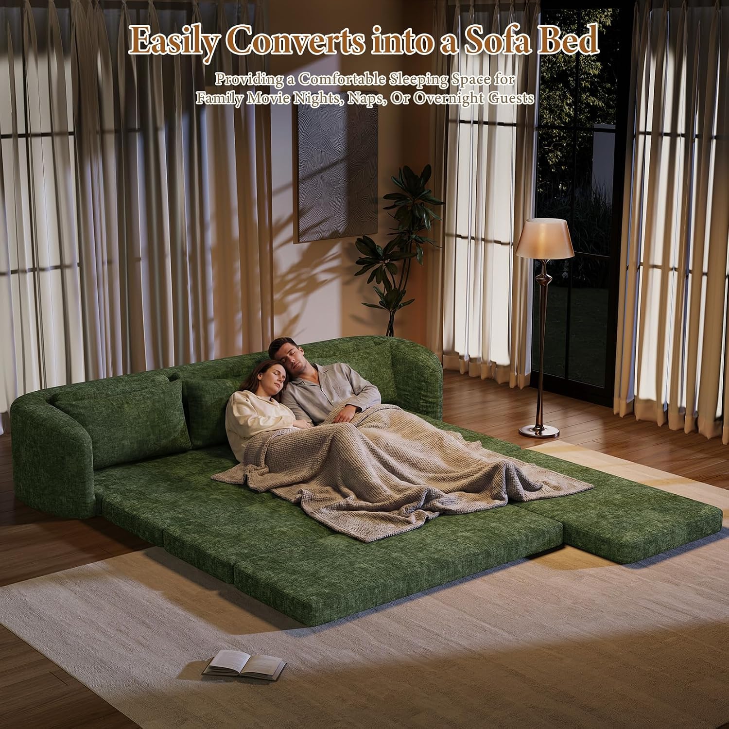 Vesgantti 6 in 1 Convertible Folding Sleeper Sofa Bed, No Assembly, Green | 110.2" L Shaped Modular Sectional Sofa, Curved Armrest, Deep Seat Boneless Couches for Living Room, Chenille, Right Facing