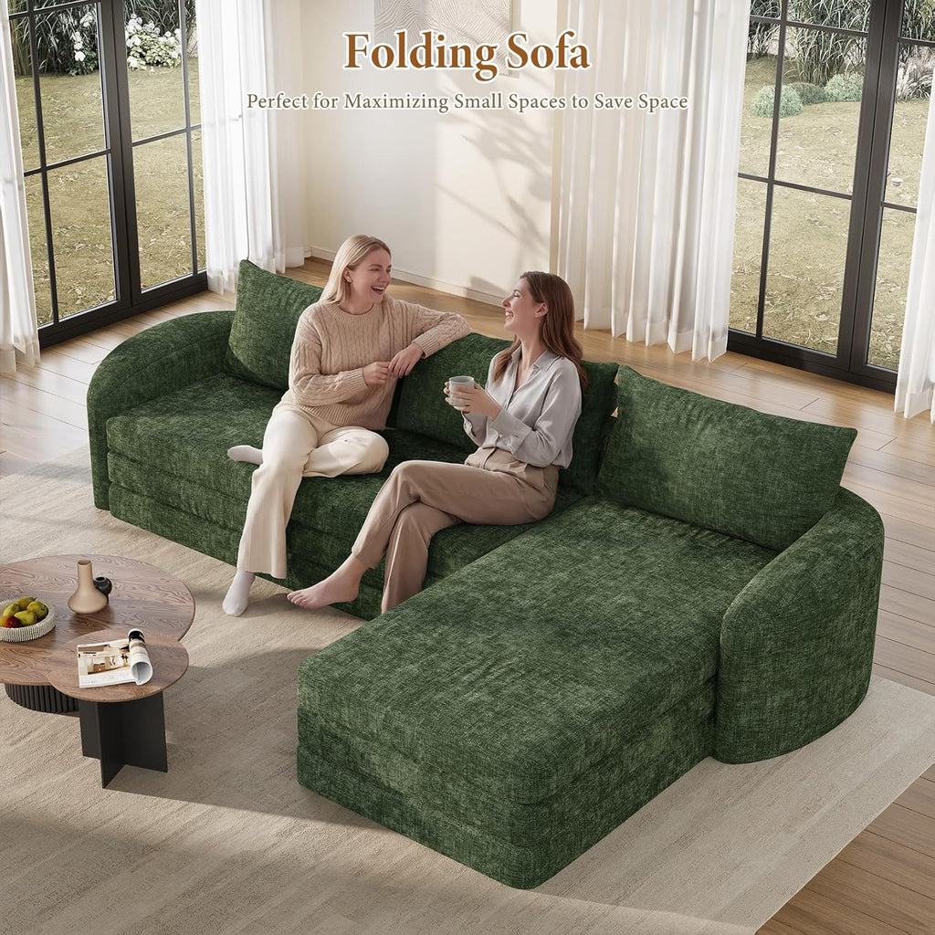 Vesgantti 6 in 1 Convertible Folding Sleeper Sofa Bed, No Assembly, Green | 110.2" L Shaped Modular Sectional Sofa, Curved Armrest, Deep Seat Boneless Couches for Living Room, Chenille, Right Facing