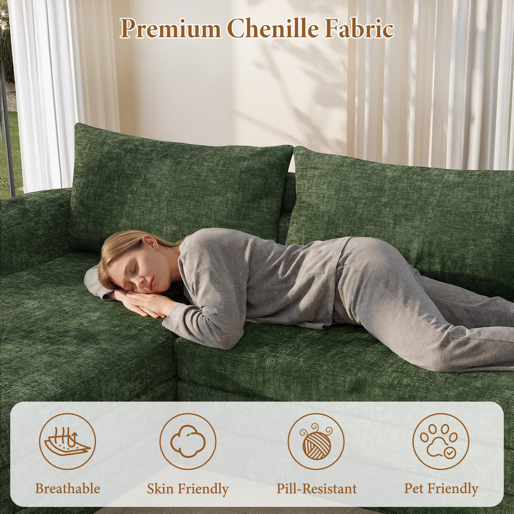 Vesgantti 6 in 1 Convertible Folding Sleeper Sofa Bed, No Assembly, Green | 110.2" L Shaped Modular Sectional Sofa, Curved Armrest, Deep Seat Boneless Couches for Living Room, Chenille, Right Facing