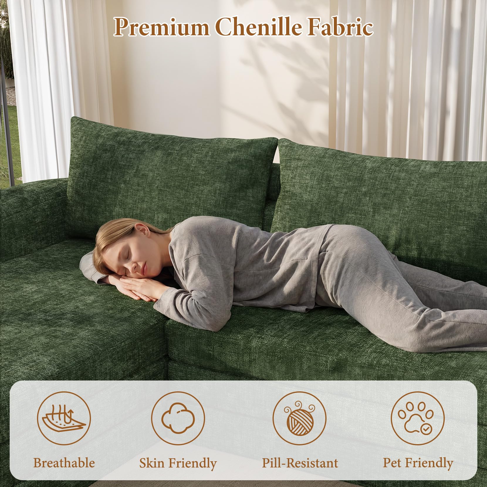 Vesgantti 6 in 1 Convertible Folding Sleeper Sofa Bed, No Assembly, Green | 110.2" L Shaped Modular Sectional Sofa, Curved Armrest, Deep Seat Boneless Couches for Living Room, Chenille, Right Facing