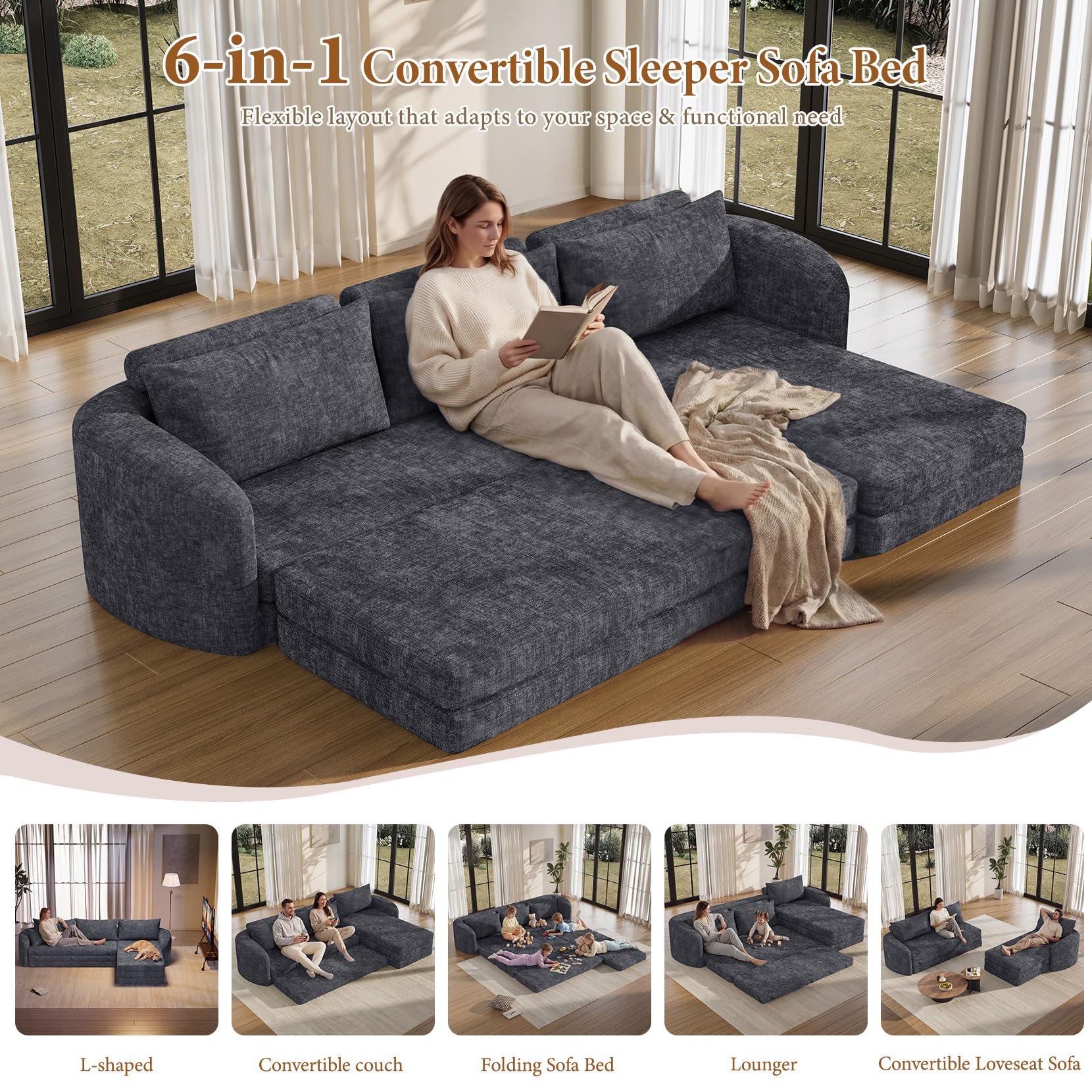Vesgantti 6 in 1 Convertible Folding Sleeper Sofa Bed, No Assembly, Green | 110.2" L Shaped Modular Sectional Sofa, Curved Armrest, Deep Seat Boneless Couches for Living Room, Chenille, Right Facing