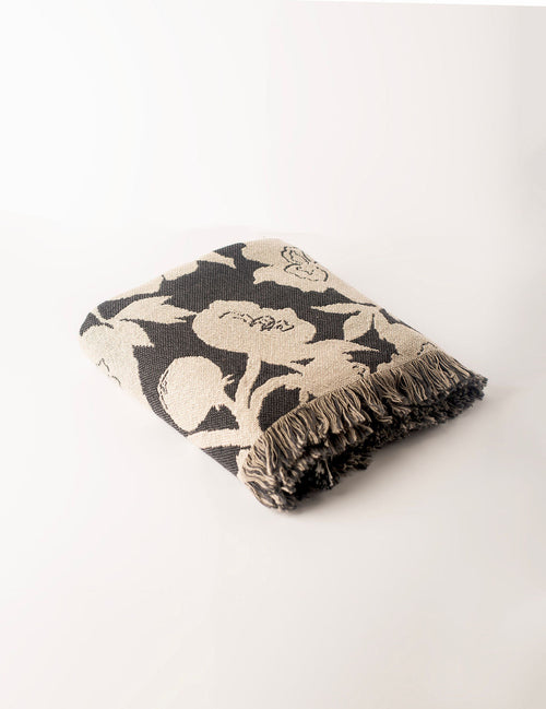 Addy Tuffet Neutral Floral Jacquard Woven Throw Blanket, Reversible Cotton Throw, Made in USA