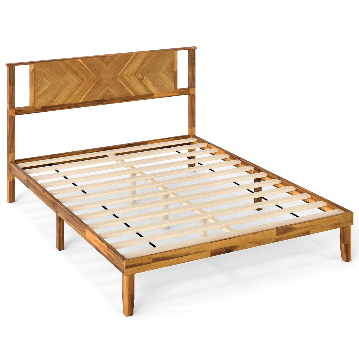 Mid-Century Acacia Wood Bed Frame | Platform Bed with Headboard | Twin, Full & Queen Bedroom Furniture