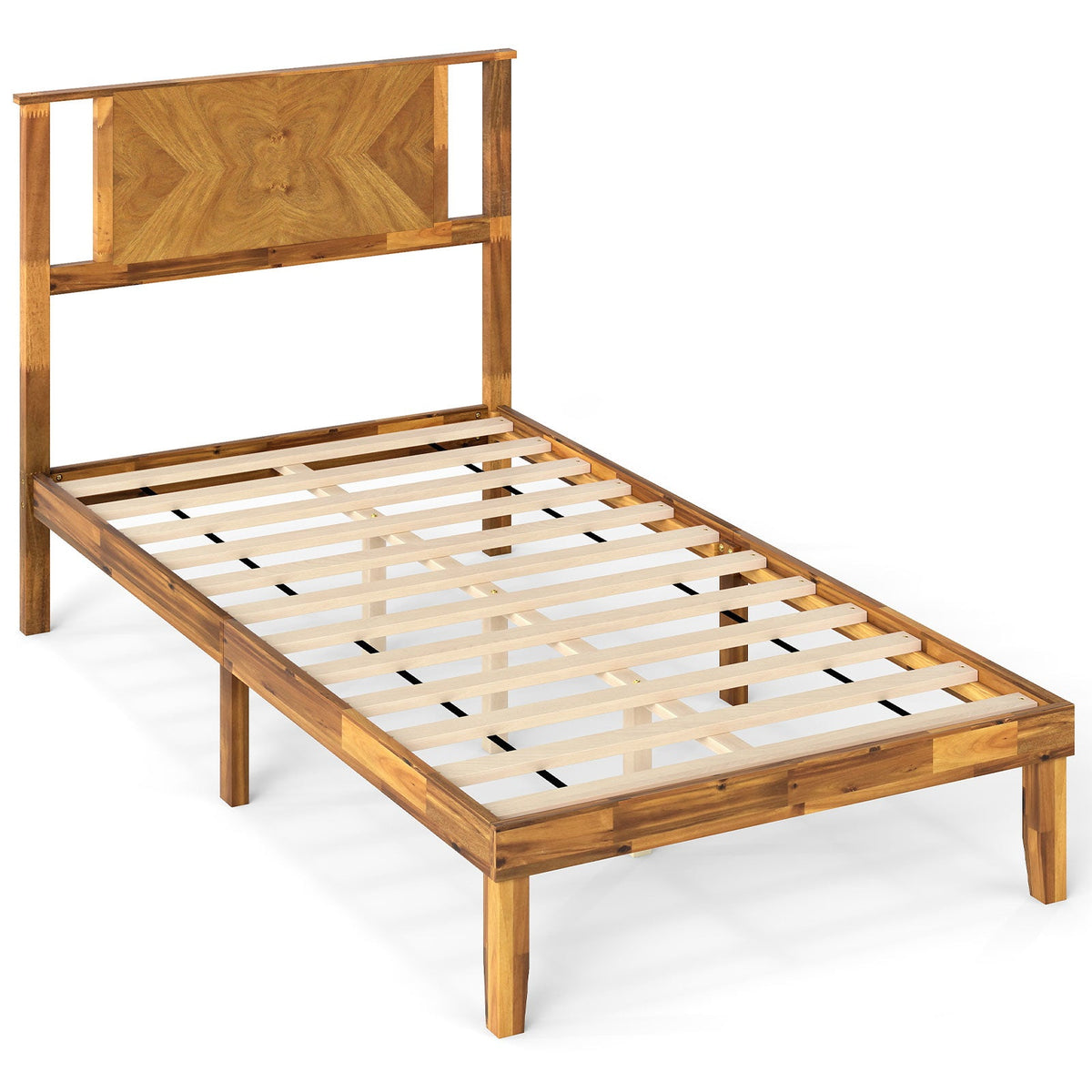 Mid-Century Acacia Wood Bed Frame | Platform Bed with Headboard | Twin, Full & Queen Bedroom Furniture