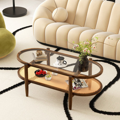 2-Tier Coffee Table | Tempered Glass Top & Acacia Wood Frame | Modern Living Room Accent Table